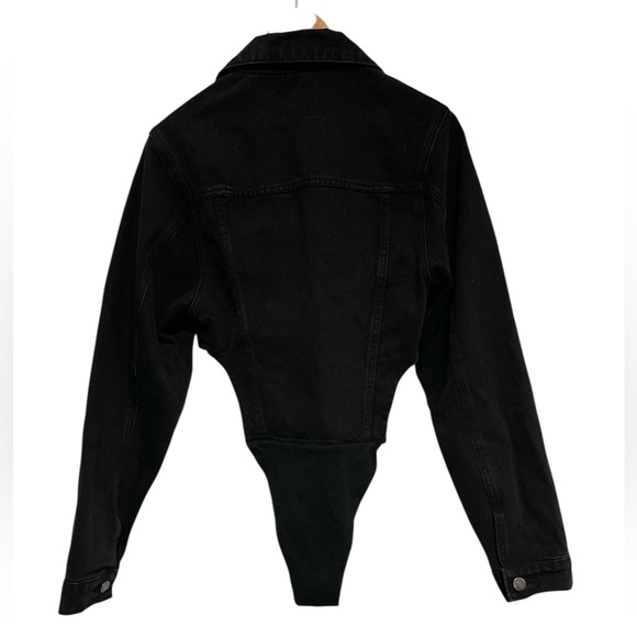 PRETTY LITTLE THING WASHED BLACK POCKET FRONT DENIM JACKET HIGH SIDE BODYSUIT - Picture 7 of 9